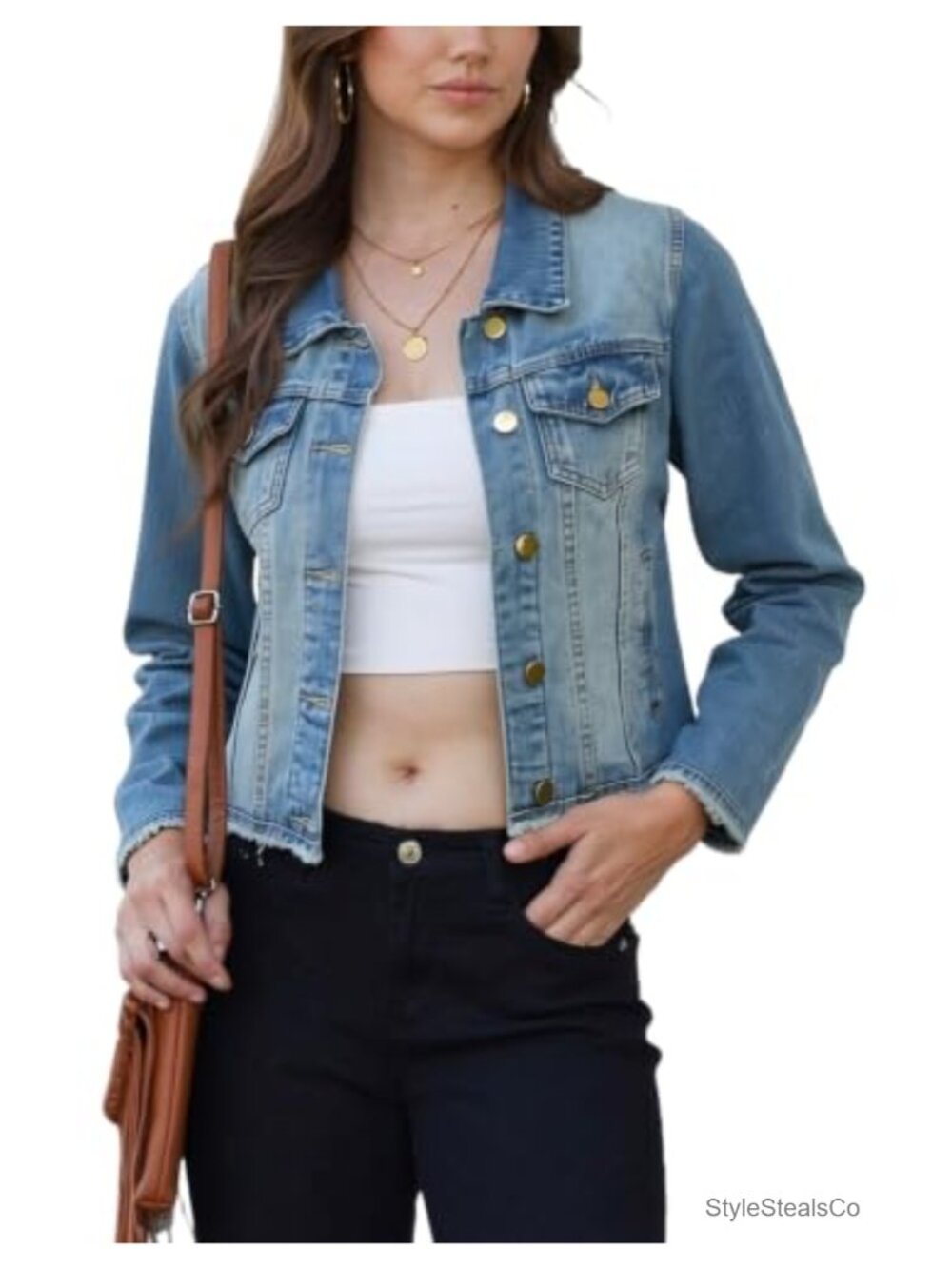 Frayed Washed Cropped Denim Jacket Button Up Cotton Relaxed Fit
